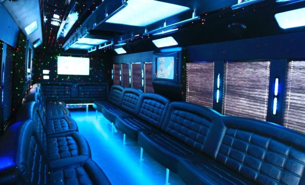 Party bus interior with fiber optic lighting